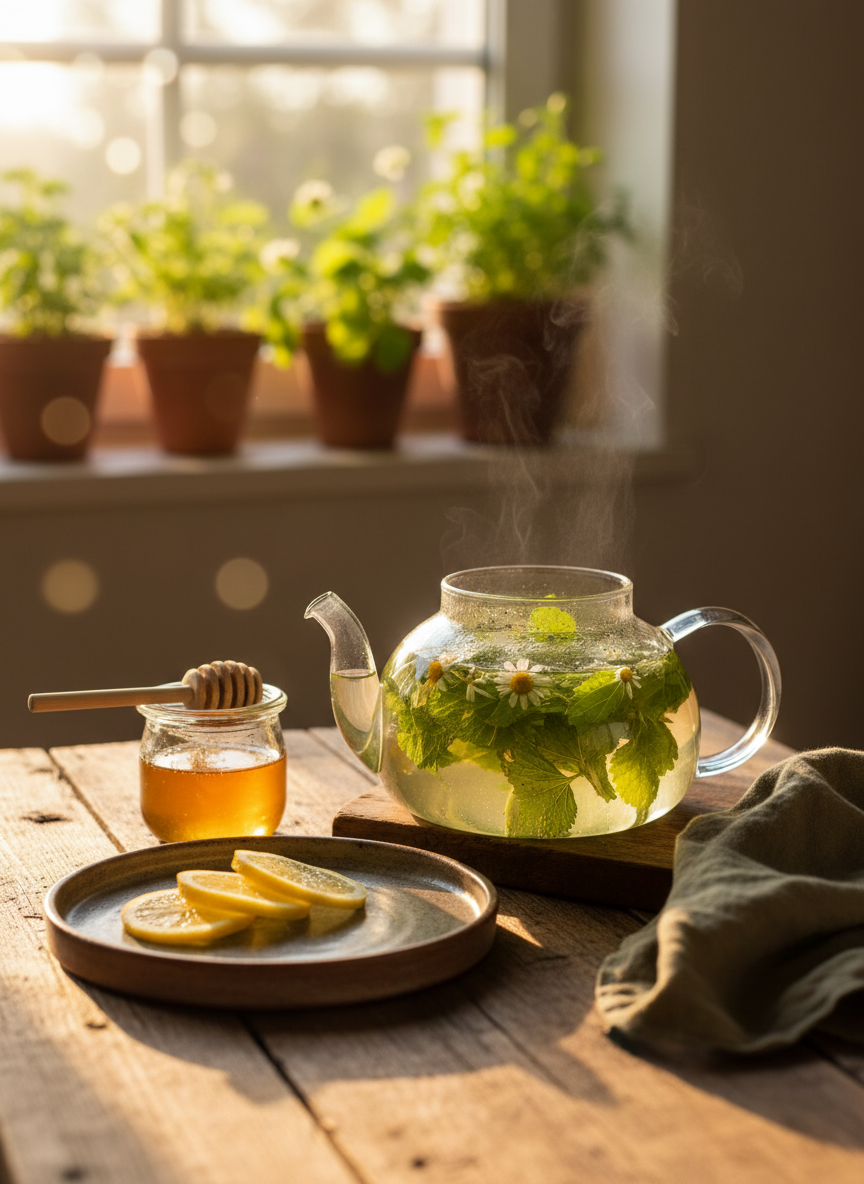 A rustic wooden kitchen counter displaying the process of crafting an herbal infusion: a clear glass teapot brimming with hot water and fresh sprigs of mint, lemon balm, and chamomile blossoms visibly steeping, their colors vibrant against the pale liquid. Beside it, a small honey jar with a wooden dipper, thin lemon slices on a stoneware plate, and a linen tea towel in muted olive. Soft golden-hour sunlight streams in from a nearby window, creating warm highlights on the glass and subtle bokeh in the blurred background of potted herbs. Photographic realism, captured at eye level with the teapot centered, conveying a nurturing, grounded, nature-connected wellness ritual.